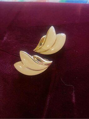 Trifari Gold-Tone Earrings with Cream Enamel Leaves